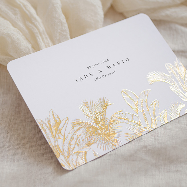 invitación de boda tropical en oro