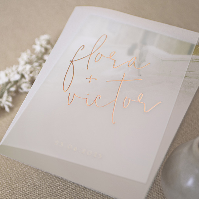 invitacion de boda papel vegetal y relieve cobre